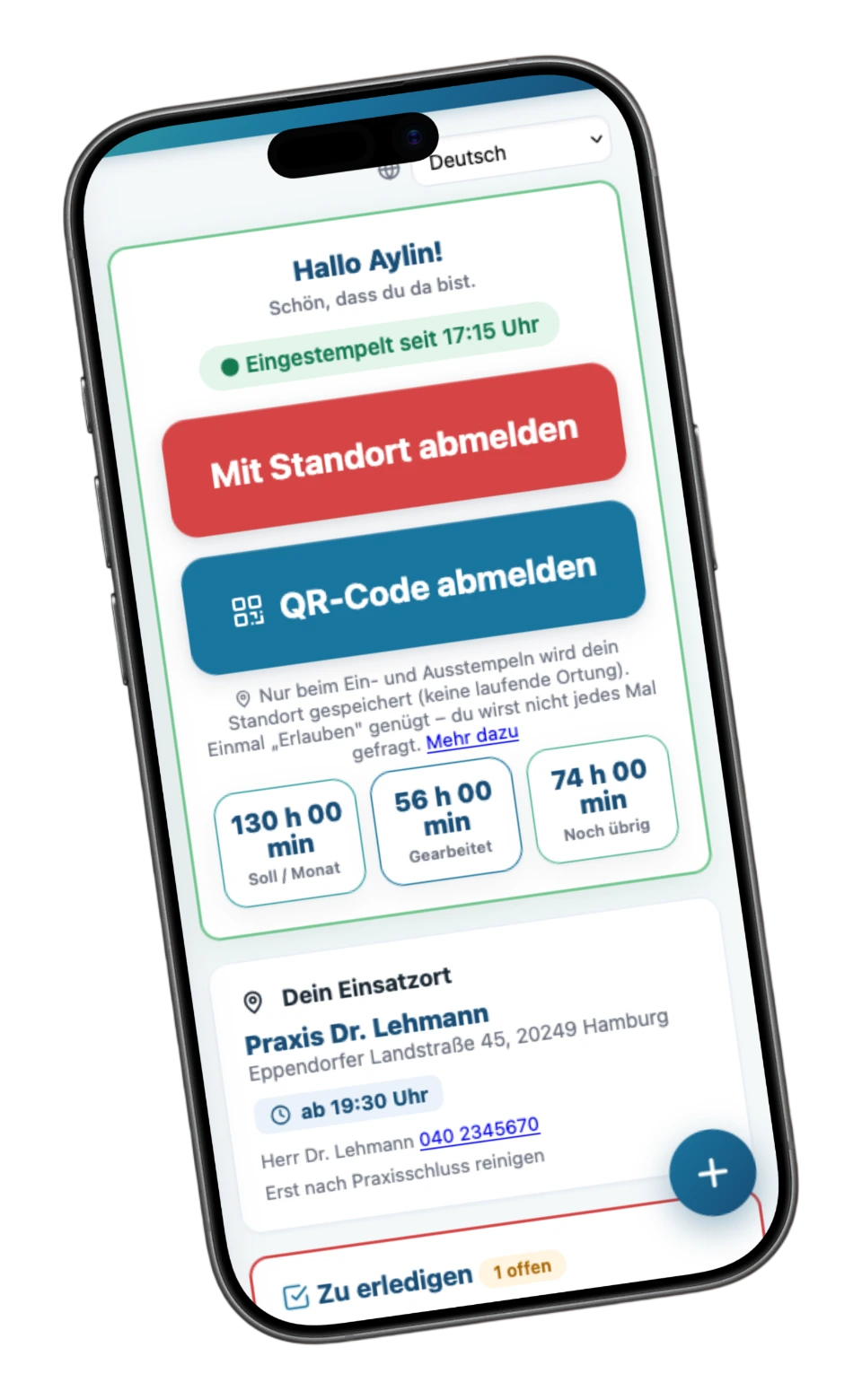 HAMAG Time Mitarbeiter-App auf dem Handy